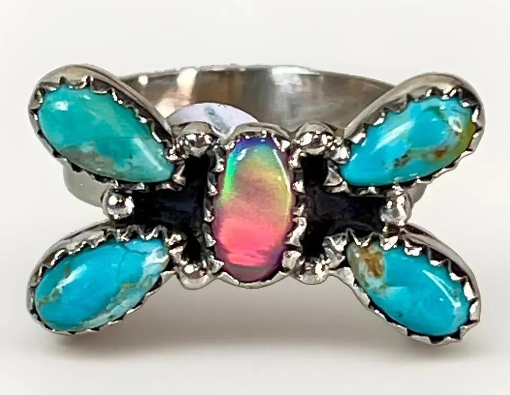 Southwest Sterling Silver Kingman Turquoise Pink Opal Butterfly Cluster Ring